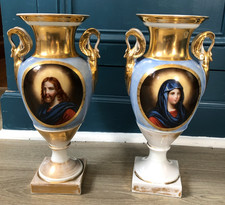 Belle Paire de Vases Porcelaine de Paris Christ Vierge XIXème Louis Philippe