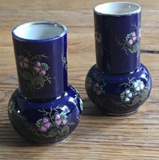 2 Petits Vases Anciens Faïence Émaillée Bleue Fleurs et dorée - Ceramic Enamel