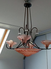 Lustre circulaire art déco en bronze nickelé et verre dépoli rose , 1930-1935 