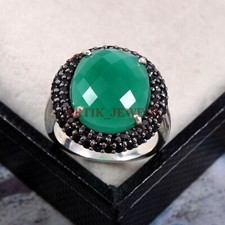 Vert Naturel & Onyx Noir Gemme Avec 925 Argent Sterling Femmes Bague #3365