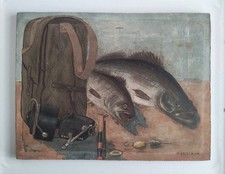 Tableau Ancien Retour de Pêche, Poissons, Nature Morte, Peinture à l'huile