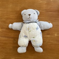 Ancien Doudou peluche ours Vichy bleu blanc Fleurs NOUNOURS vintage 28 Cm