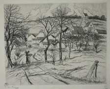 Eau forte de « à déterminer » « Vue de village et femme » Signé, numéroté 56/200
