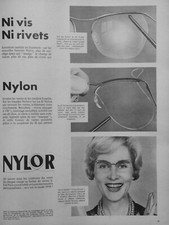 PUBLICITÉ DE PRESSE 1958 NYLOR LUNETTE CERCLAGE INVISIBLE NYLON NI VIS NI RIVETS