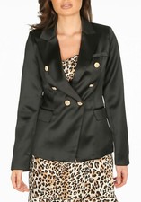 Black Satin Double Aloé Poitrine Blazer Féminin Veste Shiny Or Buttons 1921