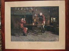 gravure ancienne, Cecil Aldin: scène d'intérieur "here's to the hound"