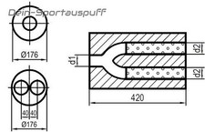 Silencieux Universel Inox Rond 176mm Tube Y L: 420mm En / Dehors 1x63,5/2x55mm