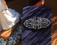 Broche Argenté Art Deco Baguette Strass Bleu Vintage Style QD11