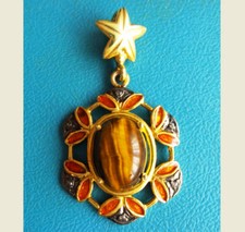 MEDAILLON ANCIEN VERMEIL ARGENT MASSIF OR 18K ŒIL DE TIGRES 6 DIAMANT NATURELS