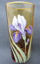 Vase Art Nouveau ou grand verre ambre émaillé Legras: Iris bleu