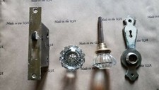 Antique Vintage Brass Door Knob & Brass Plate & Crystal Glass Knob & Lock Set