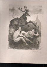 HALLEZ JACQUES GRAVURE ORIGINALE SIGNÉE 2 nus féminins cerf tampon frapier paris
