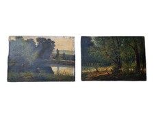 Peinture Ancienne Huile Sur Bois Paysage Arbres, Pêche Tableau  Signé