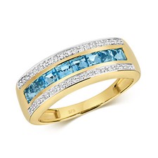 Bague Semi Pavée Or Jaune 9 k/carat et Diamant 0.13 Carat avec Topaze Bleu