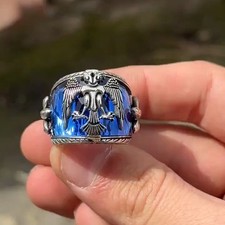 AAA QUALITY SOLID STERLING 925 SILVER MEN'S JEWELRY HANDGRAVED BLUE ZIRCON RING