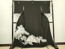 Kimono japonais noir tomesode toute broderie hinoki éventail fleur oiseau