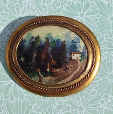 Bijou ancien Rare Broche miniature avec paysage personnages peinture sur cuivre