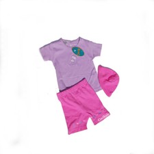 Ensemble short été bébé fille 3 pièces, short cerise lilas top et chapeau lilas 6 -23 mois