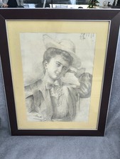 Tableau véritable dessin crayon, signé Guyot, daté 1909 " Jeune fille sur une...