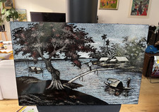 Panneau en bois laqué noir, aspect coquille d'oeuf /  Vietnam /  XXe / 40X60 cm