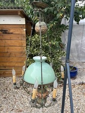 GRAND LUSTRE SUSPENSION 7 LUMIERES OPALINE VERTE MONTURE BRONZE XIX Eme