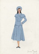 "PROJET DE ROBE HAUTE-COUTURE" Maquette gouache originale Germaine POCARD 1940