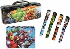 Marvel Avengers Metal Tin Pencil Case, Notebook and 4 Superhero Pens Set-...