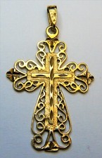 Solide 14k Or Orné Main Gravé Pendentif Croix app.37 X 26mm Poids 3 Gram
