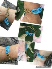 Bracelet maillons Large résine Bleu Turquoise fermoir marin Acier Inoxydable Or