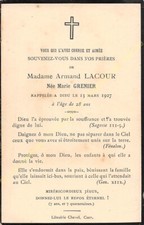 Généalogie Avis de décès Madame Armand Lacour 13 mars 1927