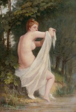 ARMAND tableau huile baigneuse femme nue nymphe forêt sous-bois Barbizon 19ème