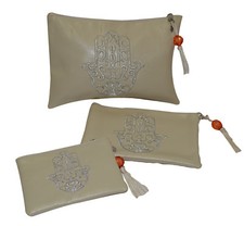 Faux Leather Pouch Set 3 Piece Moroccan Hamsa Cosmetic Organizer Wallet Beige