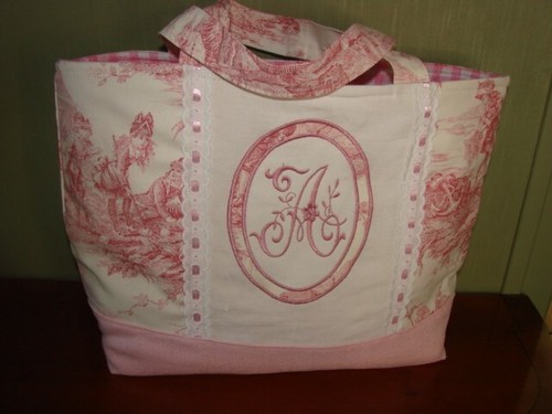 Sac toile jouy rose brodée - sac,