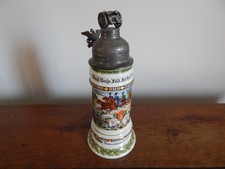 ANCIENNE Grande CHOPE de Bière ALLEMANDE PORCELAINE et étain  WW1 Signée KAISER