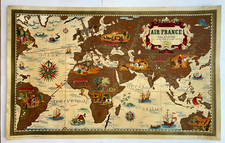 WORLD MAP AIR FRANCE AIRLINES 1939 LUCIEN BOUCHER VERY LARGE PICTORIAL MAP