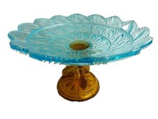 Compotier en verre moulé pressé ambre et bleu Georges Sand