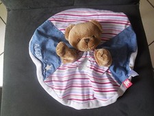 41/ doudou plat rond ours marron bleu jean rayé LULU CASTAGNETTE