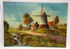 Tableau Scène campagnarde avec un moulin à vent.- Huile sur toile