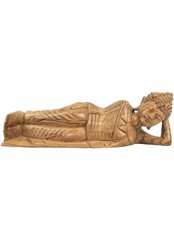 Statue de Bouddha couché 30cm en bois exotique bru