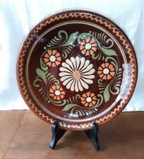 Assiette Plate Marron Vernisé Poterie d'Alsace Motif Floraux