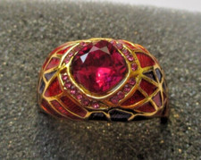 bague taille 67 anneau couleur or émail rouge cristal rubis rose bijou vintage
