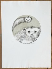 LITHOGRAPHIE ANCIENNE CHAT ÉTRANGERS SIGNÉ CRAYON LEONOR FINI CIRCA 1976