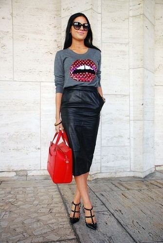 Jupe cuir noir agneau - noir,