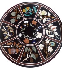 24 " Noir Table Top Incrustation Multi Pierre Marqueterie Fabriqué à la Main Art