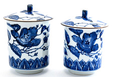 Service à thé YUNOMI vintage fait main au Japon avec couvercle bleu et blanc ...