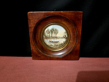 Miniature ancienne représentant une barque sur une rivière - Signée - XXe