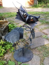 VTG Metal Owl Black Double Candle Holder Mystic Goth Bird Glass Marble Eyes 16"