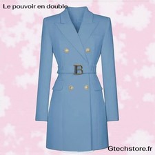 Blazer Long Femme 2025 Double Boutonnage Ceinturé Veste Robe Bureau Printemps
