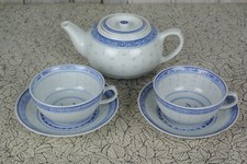 Chinese  Rice Grain Blue White Porcelain Teapot Cup and Saucer