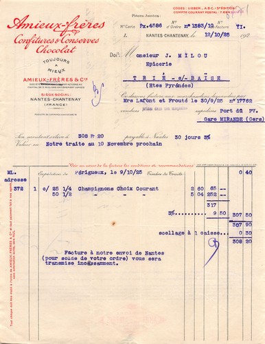 Facture 1925 confitures et - 1925,